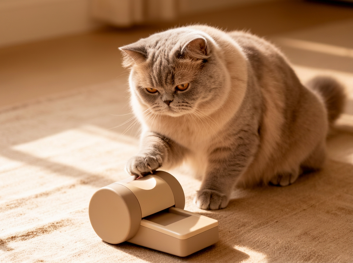 A british shorthair cat playing with a refined pet toy in morning light
