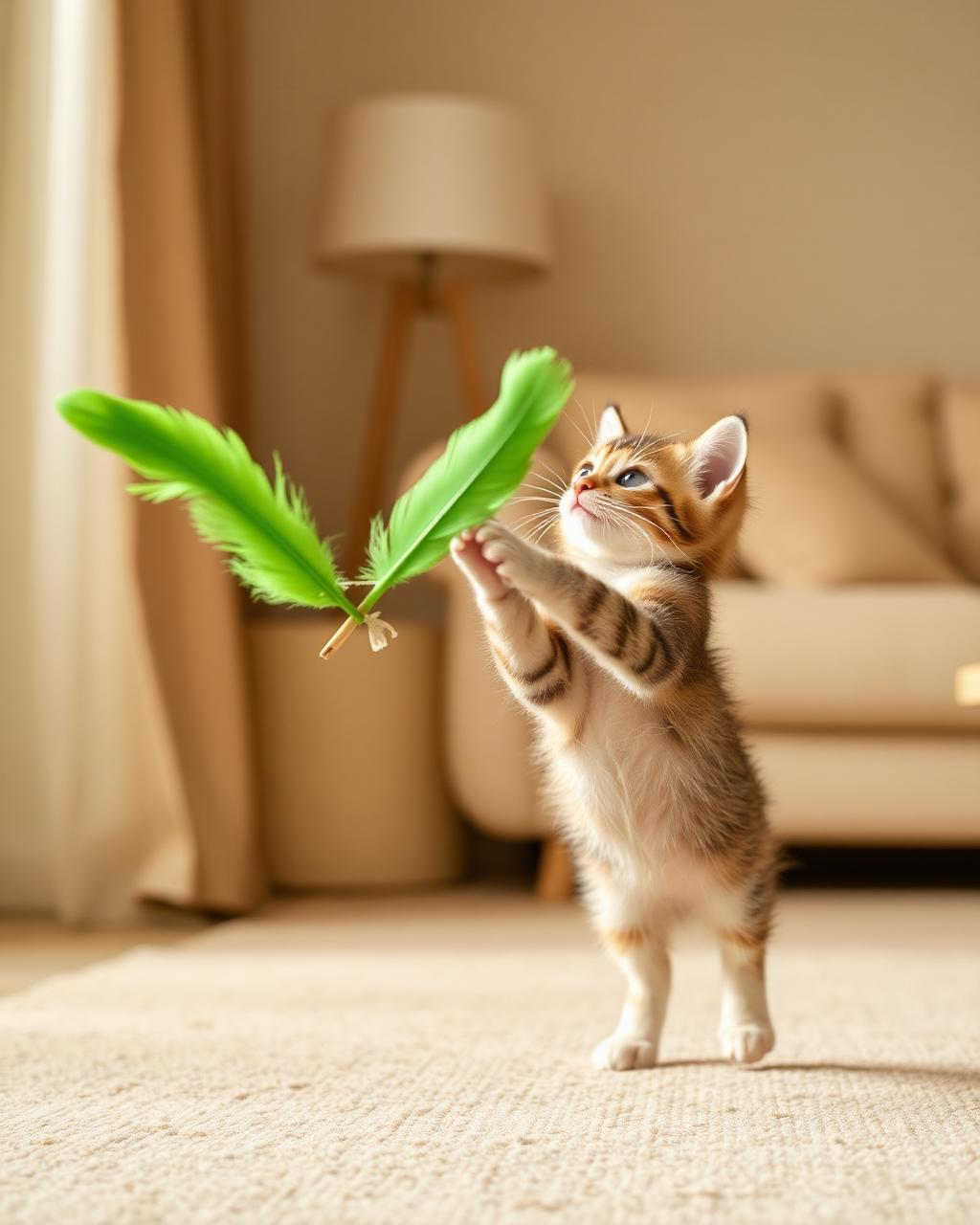 Kitten leaping for feather